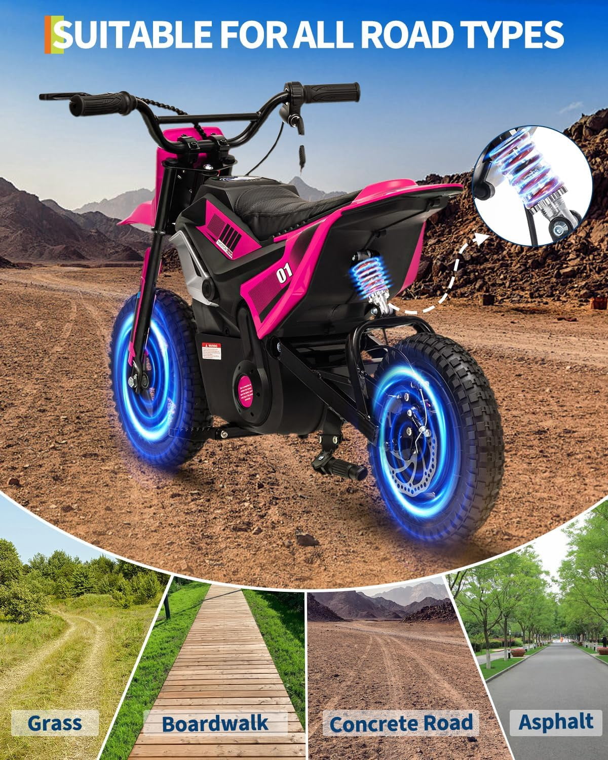 Fectiontool 24V Electric Ride-On Motorcycle, 350W Motor, 24V 7Ah Rechargeable Battery, Battery Powered Ride-On Bike, Energy-Efficient Charger Included,Rose red