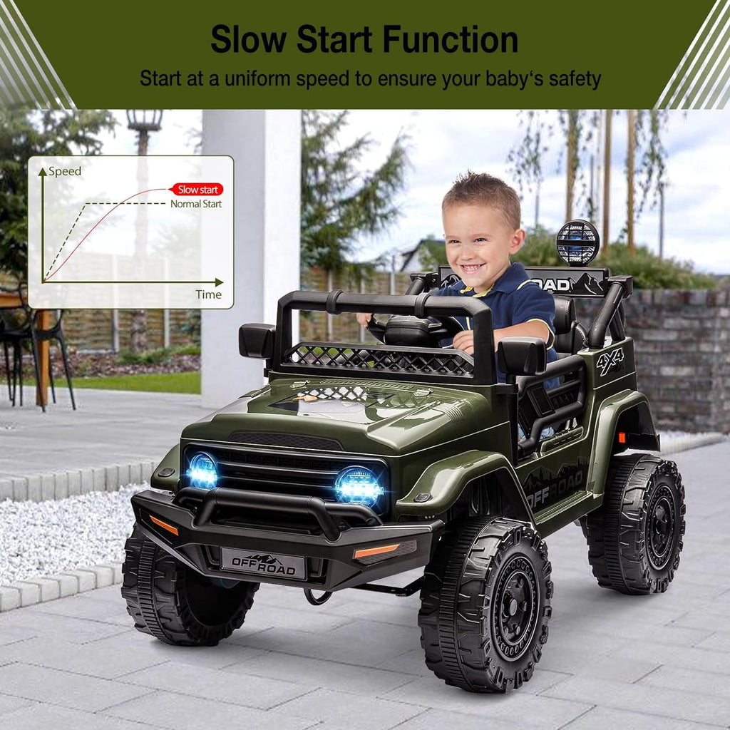 12V Remote Control Ride-On Car, 3 Speeds, Spring Suspension, LED Lights, Bluetooth Music, Parental Brake, for Ages 3-8, 65 lbs Capacity,Armygreen