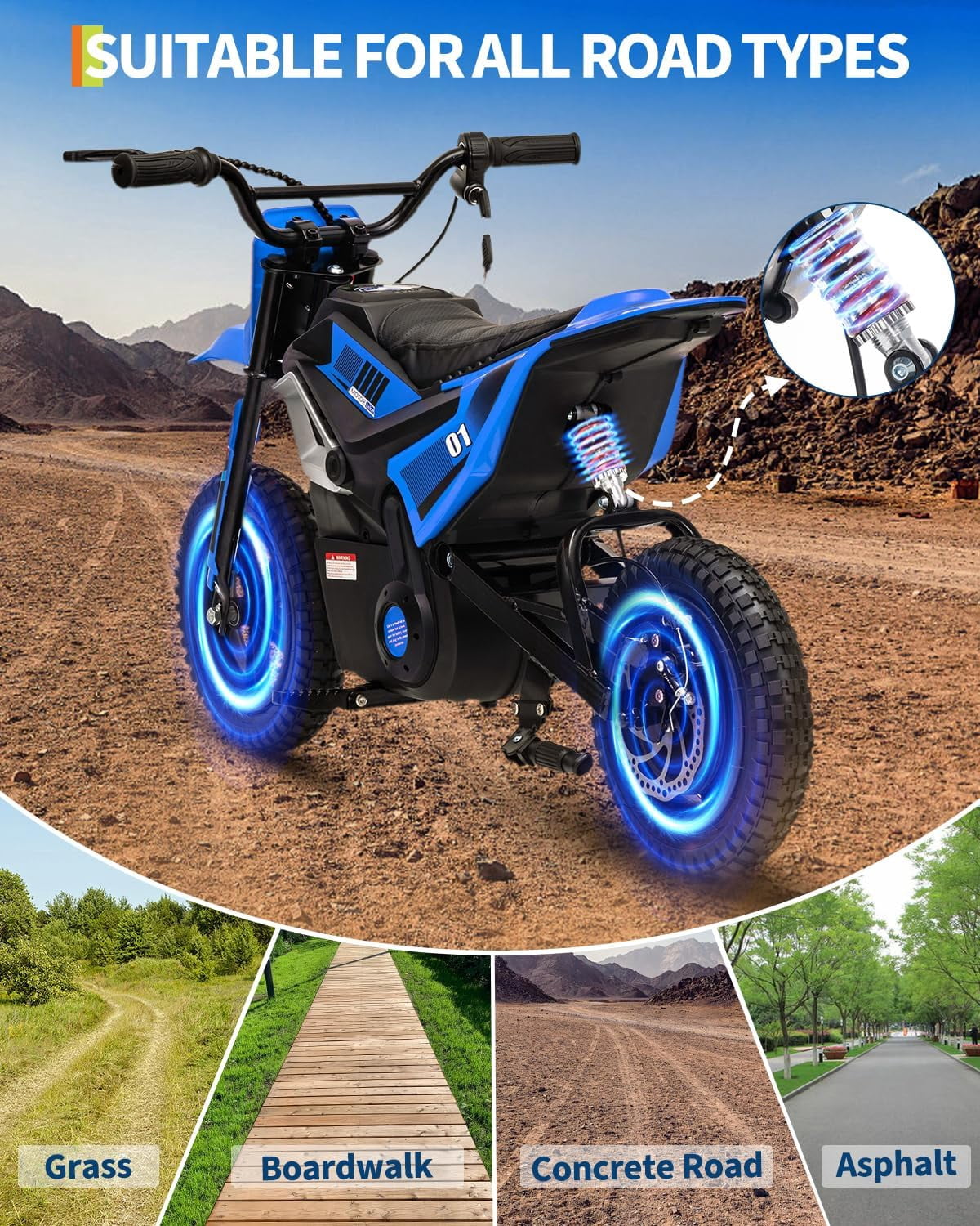 Fectiontool 24V Electric Ride-On Motorcycle, 350W Motor, 24V 7Ah Rechargeable Battery, Battery Powered Ride-On Bike, Energy-Efficient Charger Included,Blue
