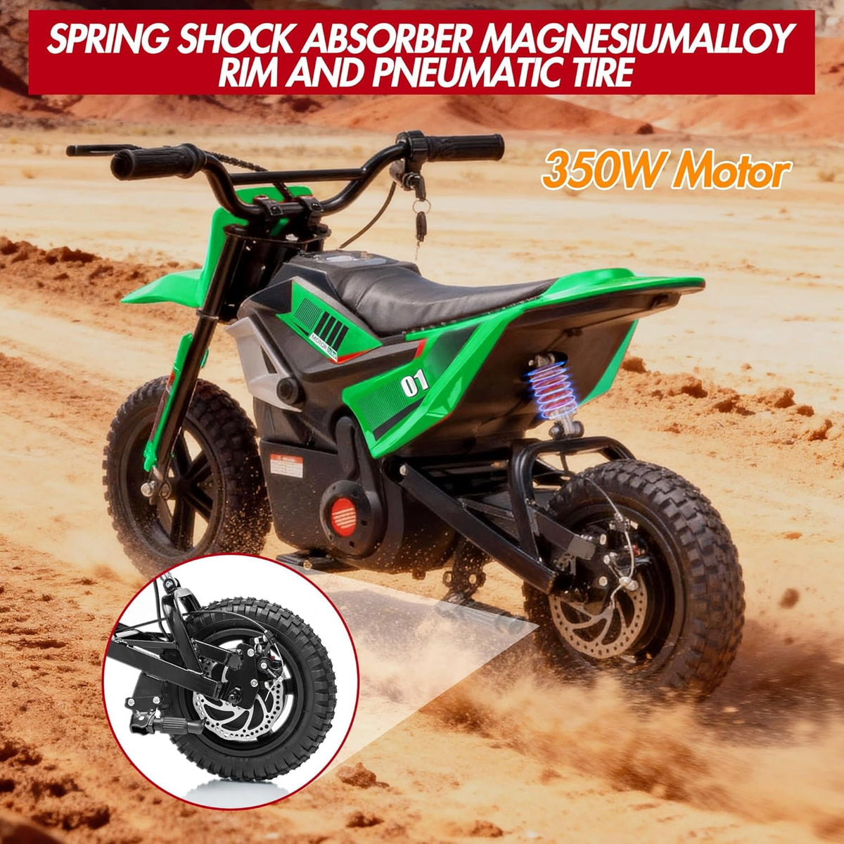 24V Electric Dirt Bike, 350W Ride-On Motorcycle with Rear Suspension, Twist-Grip Throttle, 12-Inch Rubber Tires, 13.67 MPH, 132 Lbs