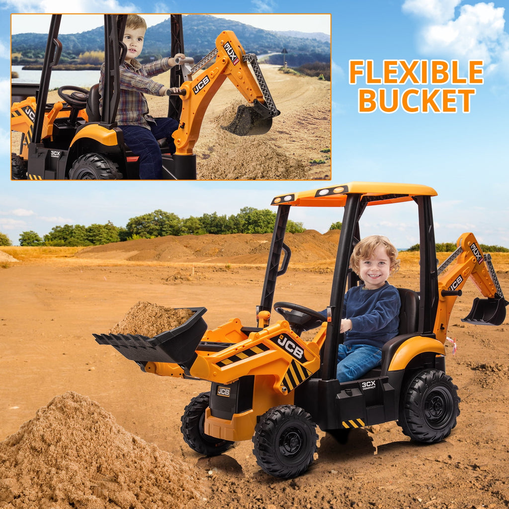 4 in 1 Ride on Excavator & Bulldozer, 12V Kids Electric Vehicle with Remote Control, Front Loader, Digger, Horn, Adjustable Seat, Excavator Ride on Car Toy, White