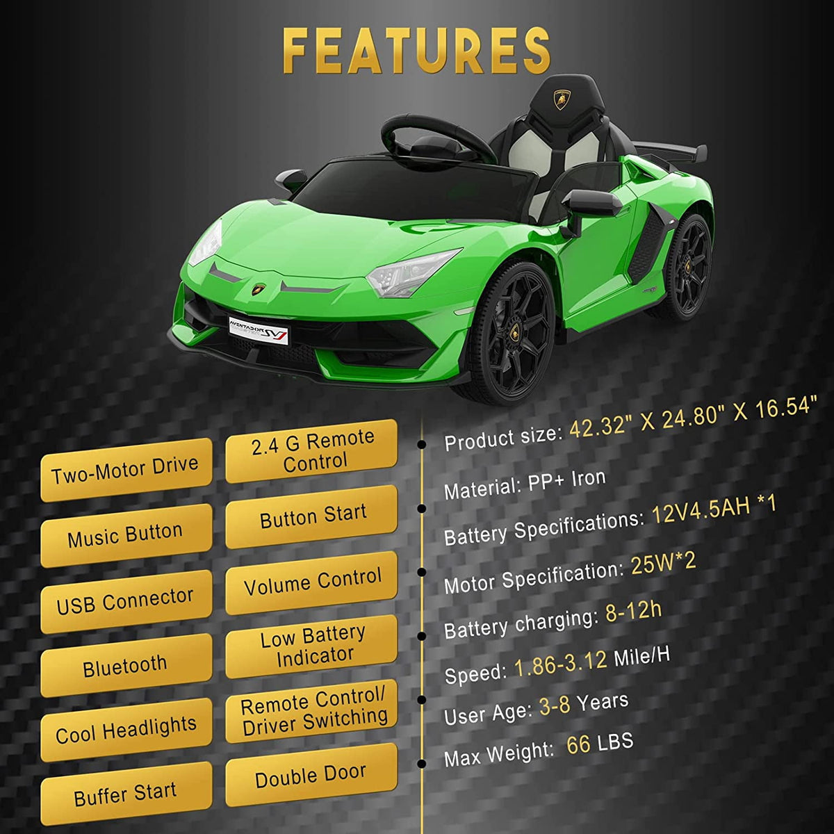 12V Licensed Sports Car Ride On Vehicle with Remote Control, Electric Ride On Car with Bluetooth, Hydraulic Swing Doors, LED Lights, Dual 25W Motors, USB/AUX/TF Audio