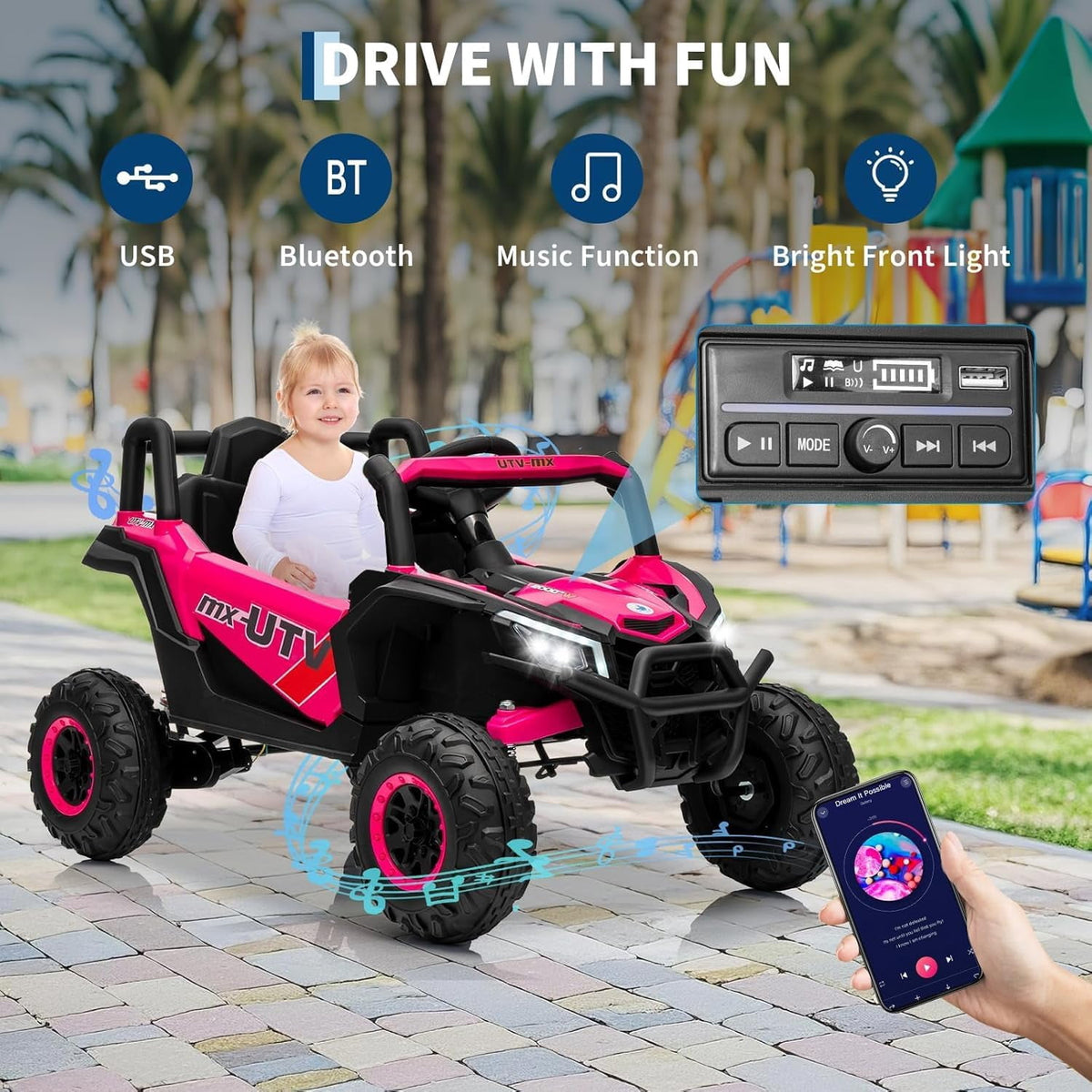 12V 4WD Ride-On Electric Car with Remote Control, 4-Wheel Drive, 4 Spring Suspension, Up to 5 MPH, LED Headlights, Bluetooth