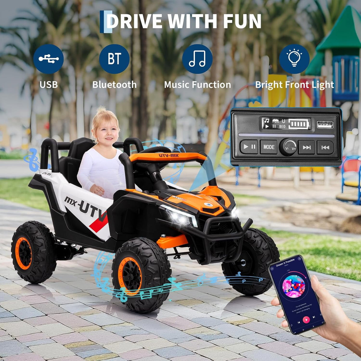 12V 4WD Ride-On Electric Car with Remote Control, 4-Wheel Drive, 4 Spring Suspension, Up to 5 MPH, LED Headlights, Bluetooth