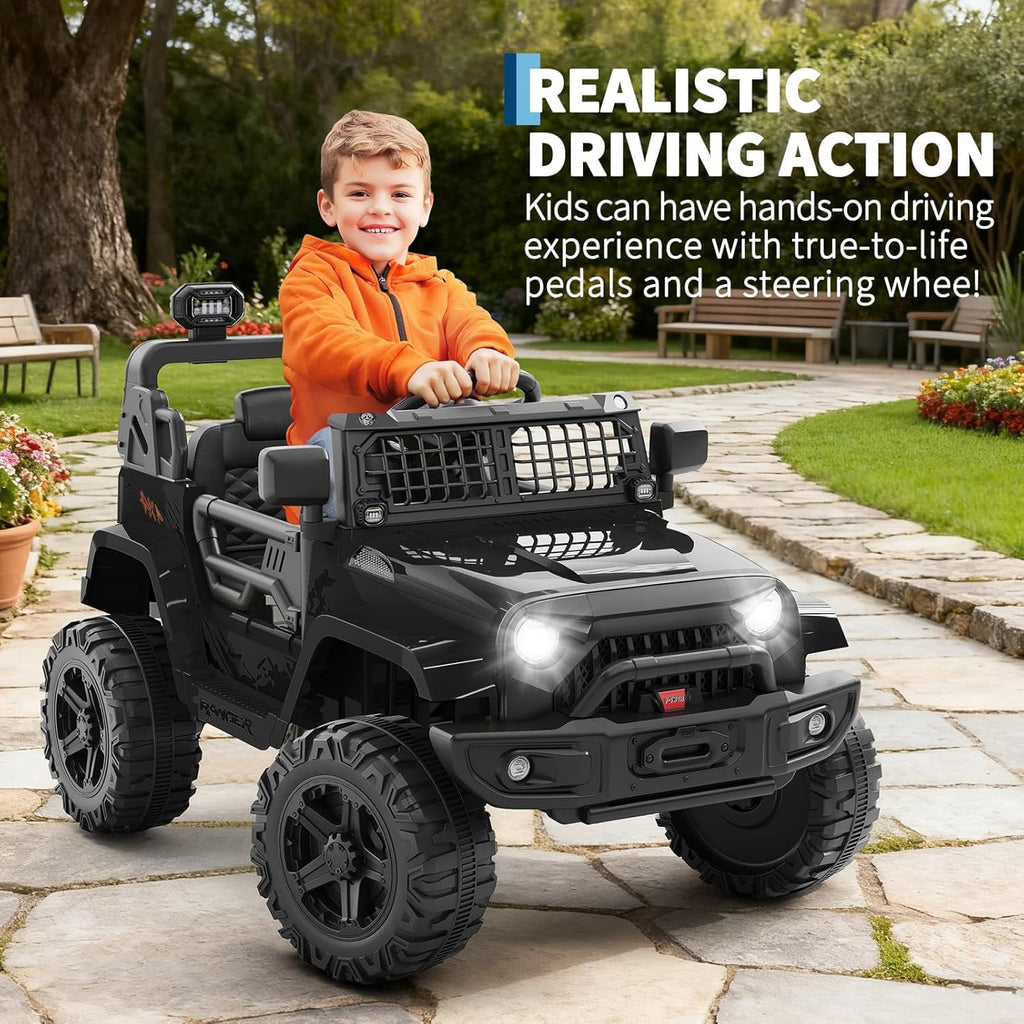 12V Electric Ride On Car with Remote Control, Off Road Ride On Vehicle with Bluetooth, LED Lights, Spring Suspension, Adjustable Seat Belt, All Terrain Tires, 61 lbs Capacity