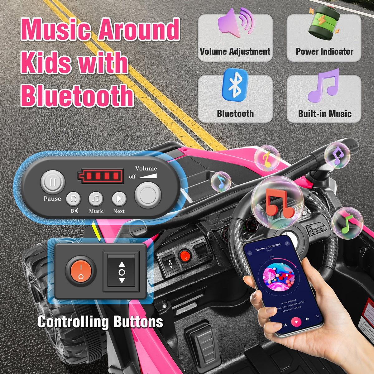 Funcid 24 Volt Ride on Toys with Remote Control & Battery Indicator, 400W Ride on UTV, Electric Car for Kids w/ Bluetooth, Music, LED Lights, Volume Adjustment Knob, 3 Speeds, Pink