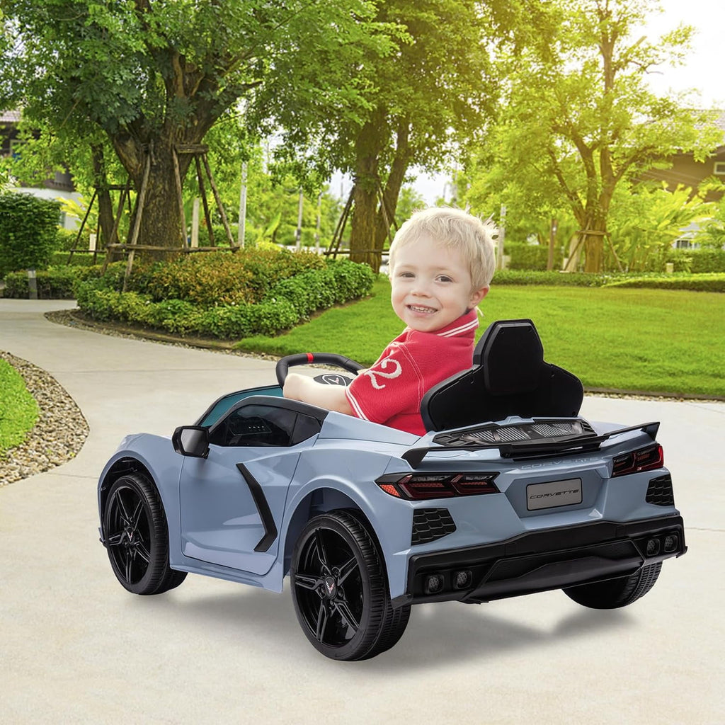 12V Licensed Corvette C8 Ride-On Electric Sports Car, Dual 30W Motors, Remote Control, LED Lights, Music, Openable Doors, 66 lbs
