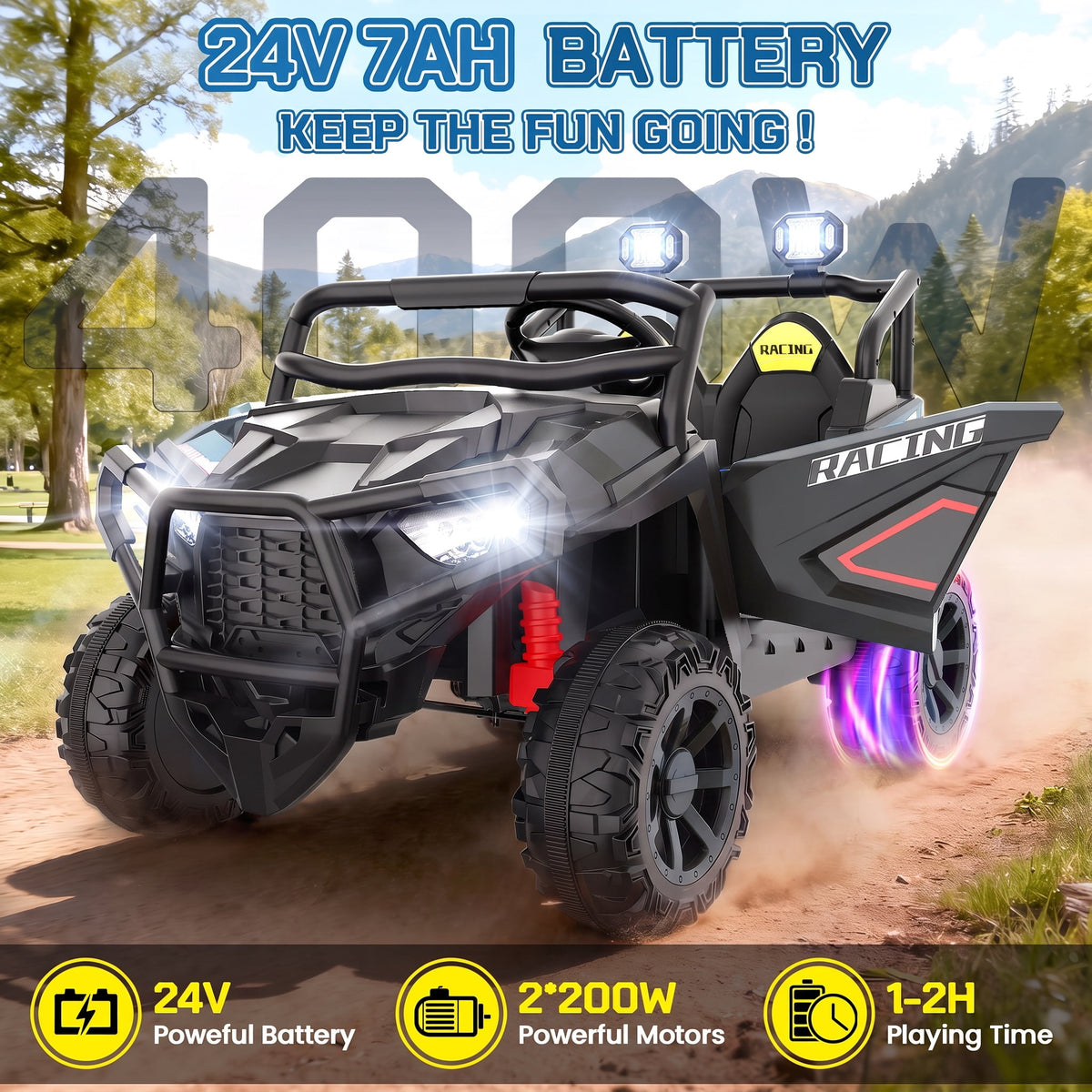 VIBESPARK 24 Volt 2 Seater Ride on Toys for Kids, Powered Ride on Cars with Remote Control, Electric UTV Car for 3-8 Boys Girls Gift w/ Bluetooth, LED Light, Music, Green