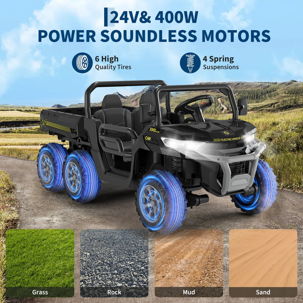 24V 2-Seater 6-Wheel Electric Dump Truck Ride-On for Kids – 4WD UTV Car, Remote Control, Electric Dump Bed, Music, Horn, Industry Standard/CPSIA Certified, Power Ride-On Toy for Boys & Girls