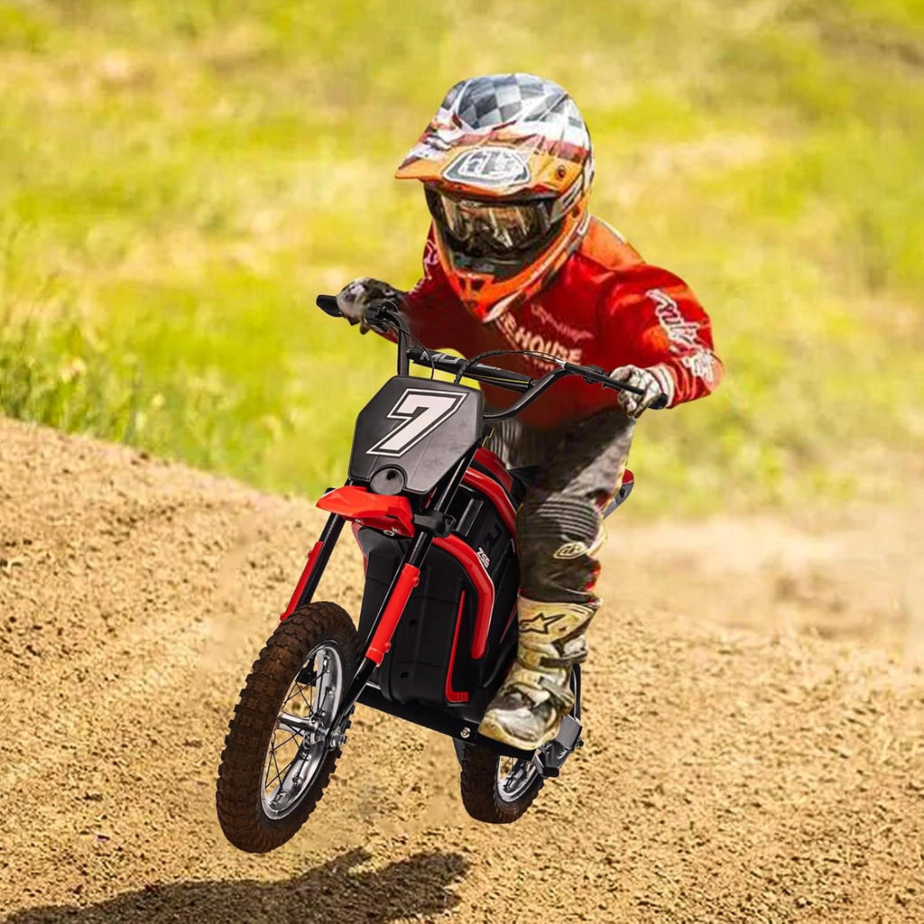 24V Electric Dirt Bike, 3-Speed Off-Road Motorcycle up to 14.29 MPH, Dual Suspension, Hydraulic Front Fork, Steel Frame, 135 lbs Capacity