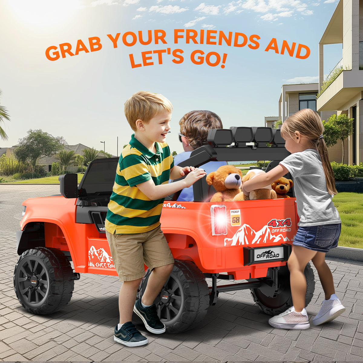 Farmdex 24V Ride on Toys with Remote Control, 2 XL Seater Electric Truck Car for Kids w/ 22'' Large Seat, 4WD/2WD Switchable, Powered Ride on Cars w/ Bluetooth, LED Lights, 3 Speeds, 4 x 200W, Pink