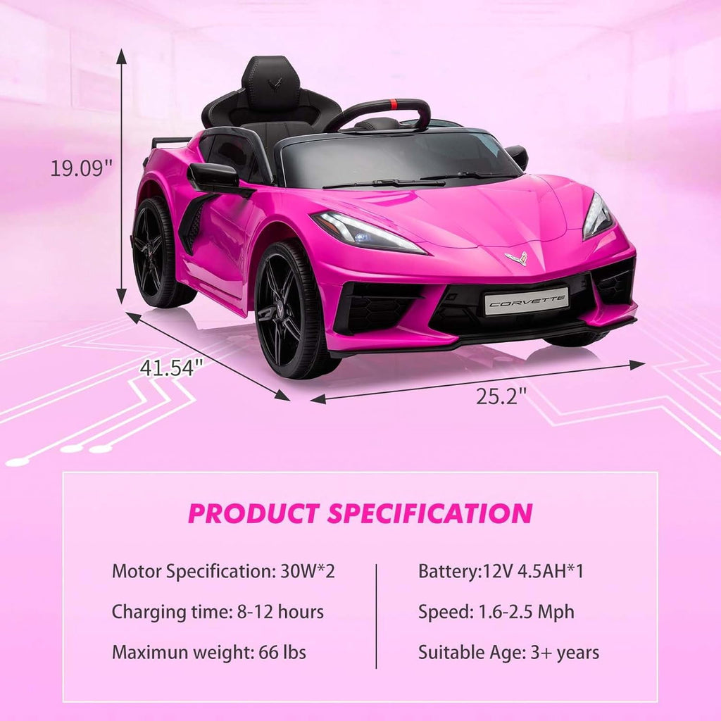 12V Licensed Corvette C8 Ride-On Electric Sports Car, Dual 30W Motors, Remote Control, LED Lights, Music, Openable Doors, 66 lbs