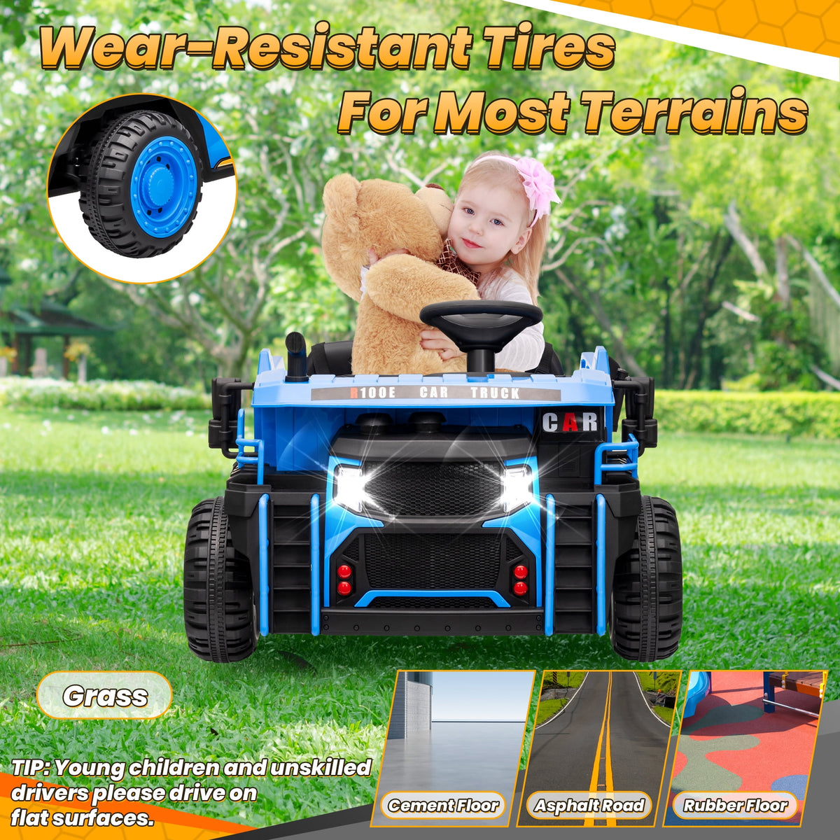 Funride 24V Ride on Toys 2 Seater Ride on Dump Truck w/ Remote Control w/ Dump Bed, 3 Speeds, Shovel, Bluetooth/Music, Big Kids, Yellow