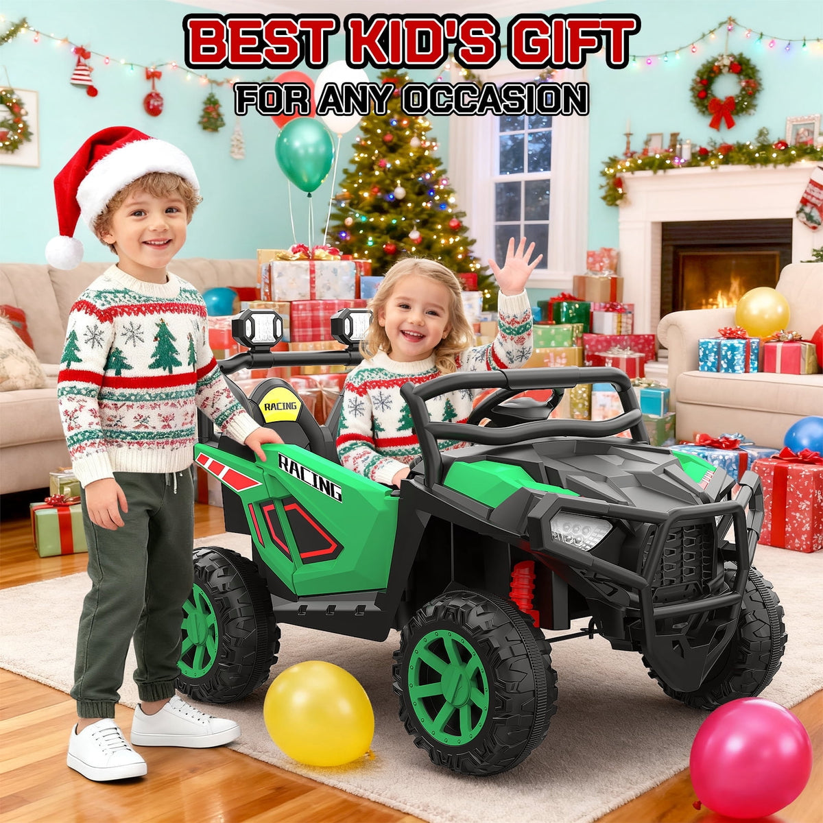 VIBESPARK 24 Volt 2 Seater Ride on Toys for Kids, Powered Ride on Cars with Remote Control, Electric UTV Car for 3-8 Boys Girls Gift w/ Bluetooth, LED Light, Music, Green