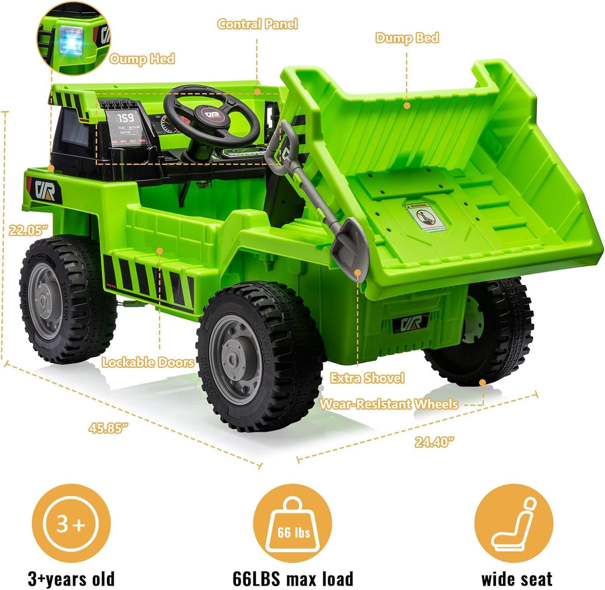 12V Electric Ride-On Dump Truck, Dual 35W Motors, 11 Inch Wear-Resistant Tires, Remote & Manual Dual Modes, Auto Lifting Dump Bed, Bluetooth Music & USB Port, 66 LBS Max Load,Green