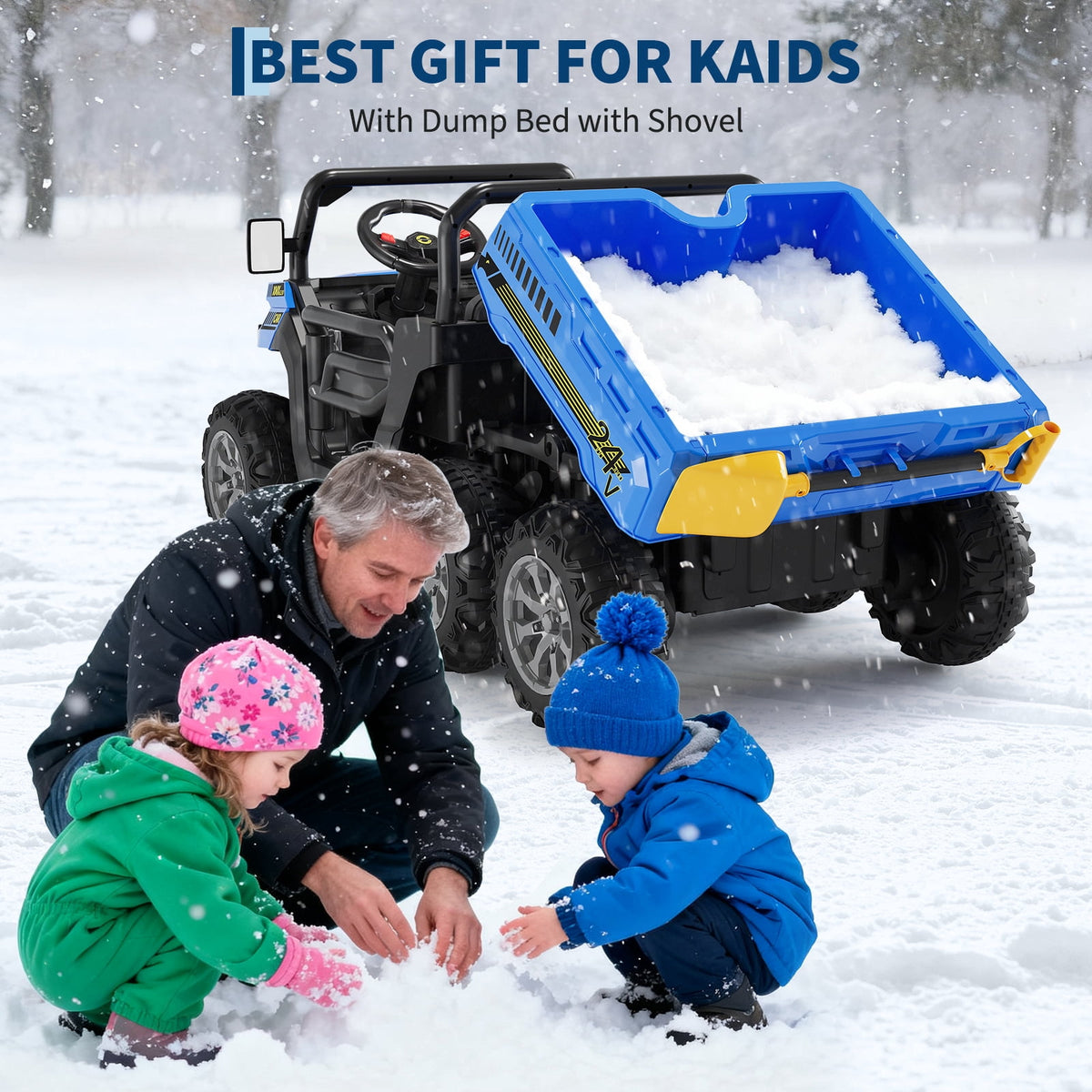 24V 2-Seater 6-Wheel Electric Dump Truck Ride-On for Kids – 4WD UTV Car, Remote Control, Electric Dump Bed, Music, Horn, Industry Standard/CPSIA Certified, Power Ride-On Toy for Boys & Girls