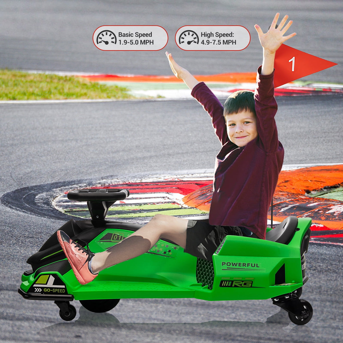 Ride On Drift Kart, Go Kart, Electric Go Kart 24V Drift Kart - 180W Brushless Motor, 7.5 mph Variable Speed, LED Light, Soft Start Battery Powered for Kids 8-12