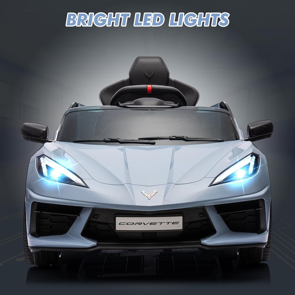 12V Licensed Corvette C8 Ride-On Electric Sports Car, Dual 30W Motors, Remote Control, LED Lights, Music, Openable Doors, 66 lbs
