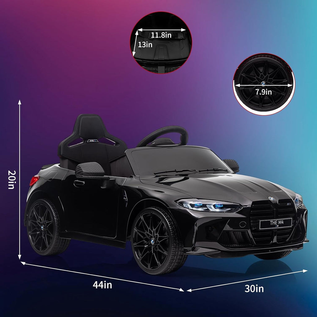 12V Licensed BMW M4 Ride-On Electric Car with Remote Control, 3 Speeds, LED Lights, Music, USB, Adjustable Seat Belt