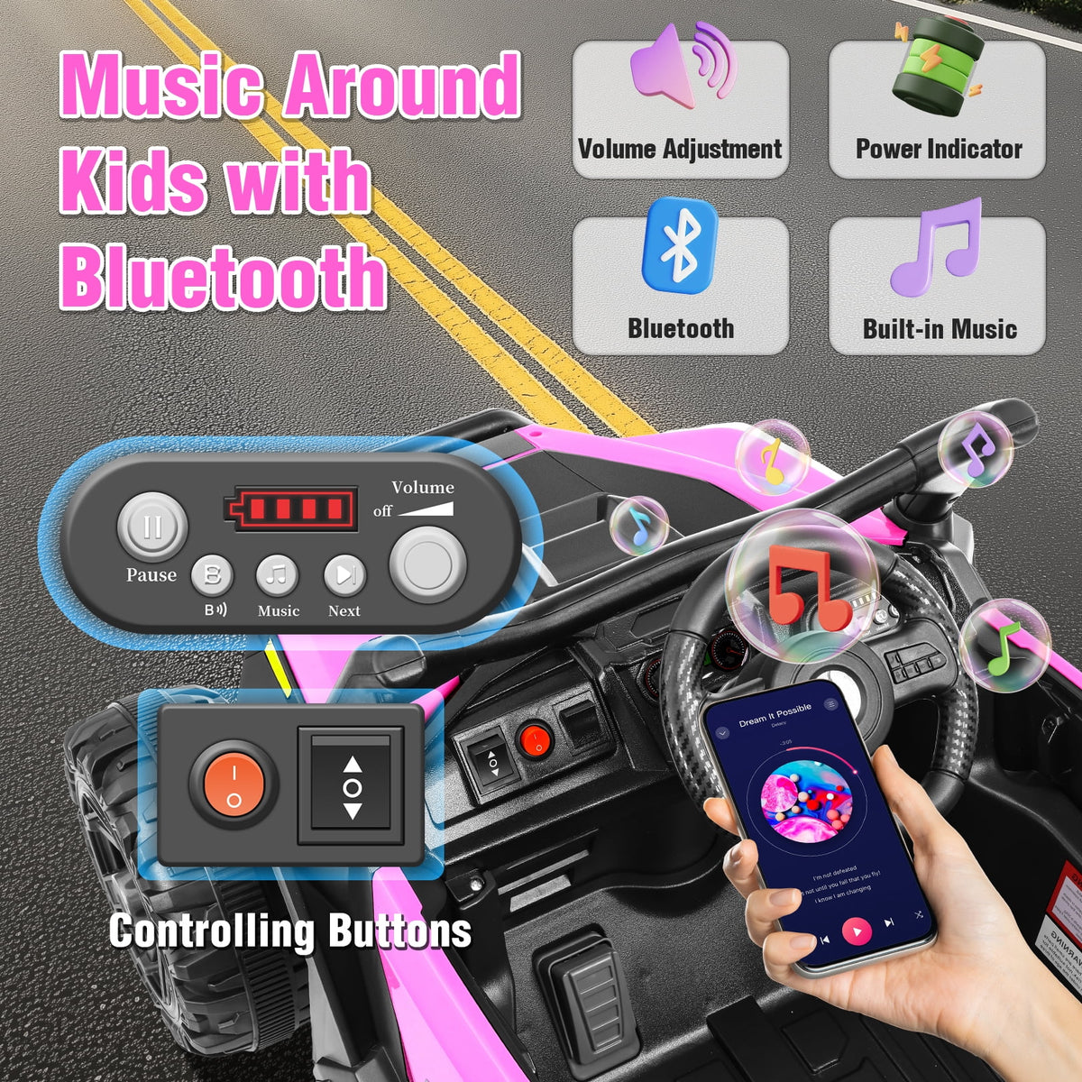 Funcid 24 Volt Ride on Toys with Remote Control & Battery Indicator, 400W Ride on UTV, Electric Car for Kids w/ Bluetooth, Music, LED Lights, Volume Adjustment Knob, 3 Speeds, Pink