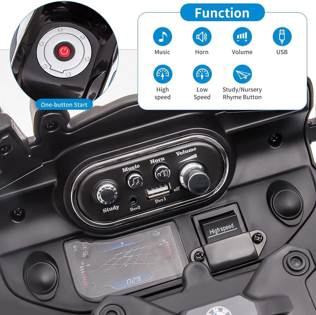 Licensed Electric Police Motorcycle Ride-On, 12V, Dual Motors, 2 Speeds, LED Lights, Spring Suspension, MP3, Training Wheels, for Ages 3-8,Police car
