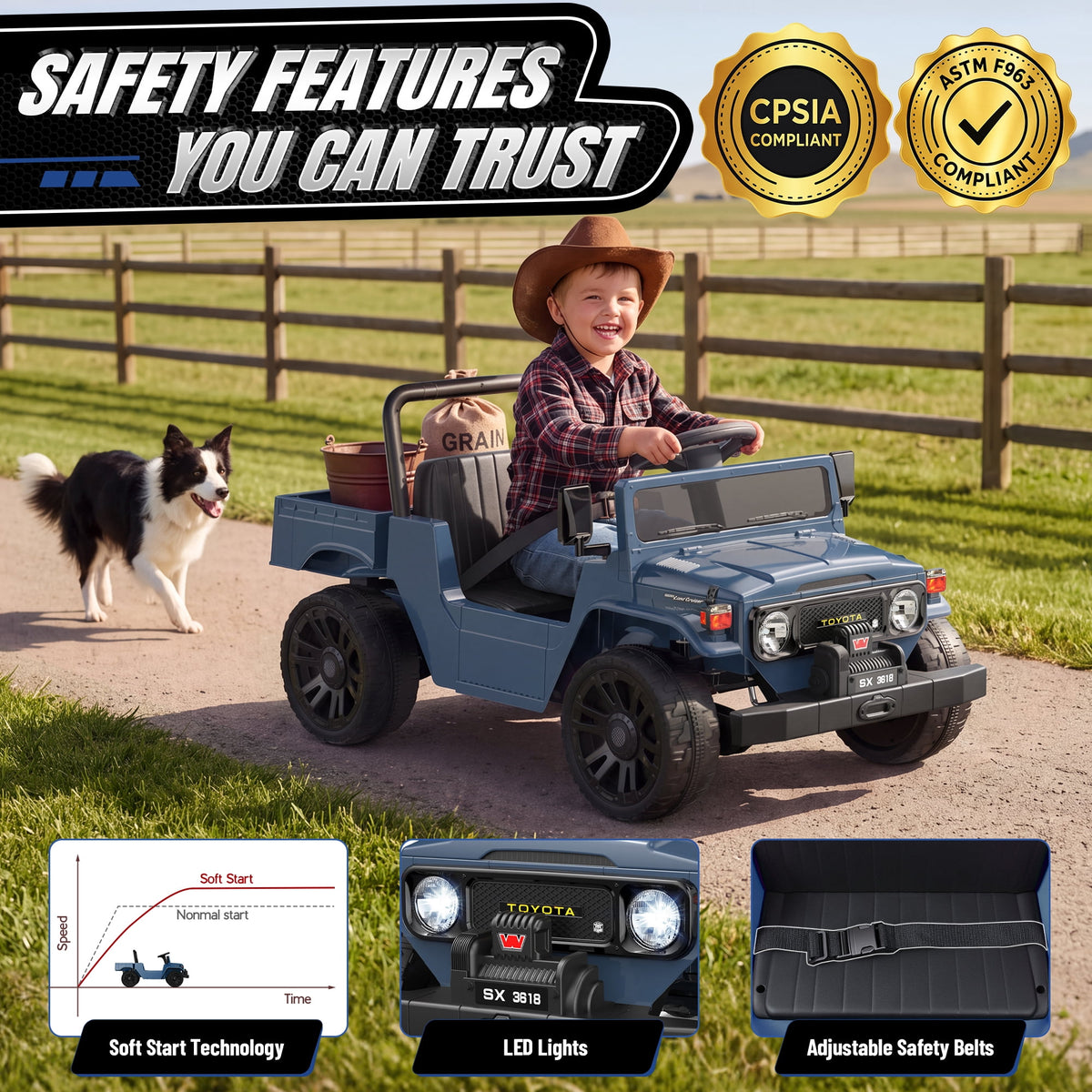 24V Ride On Dump Truck for Kids, Licensed Toyota Land Cruiser FJ45 Power Car Wheels Ride On Toy with Electric Dump Bed, Parent Remote Control, Music, LED Lights, Birthday Gift for Kids Ages 3-6, Blue