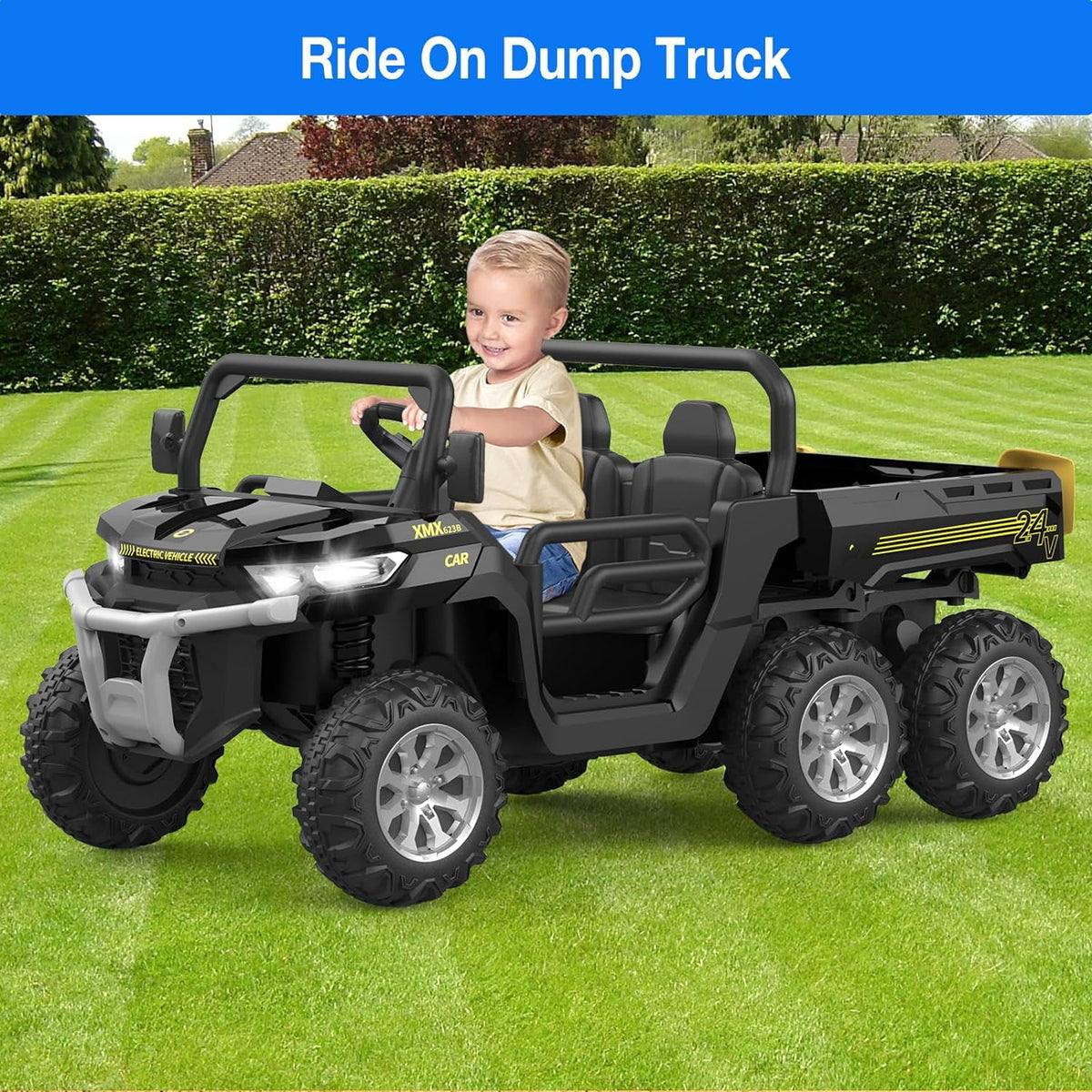 24V 4WD Electric Ride-On Dump Truck for , 2-Seater UTV with Remote Control, Bluetooth Music, Seatbelts, LED Lights, Mobile Phone Connectivity, Double Seat 6 Wheel Truck for Ages 3-8,Green