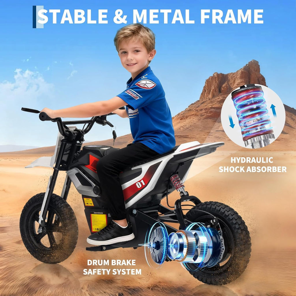 24V Electric Dirt Bike, 350W Ride-On Motorcycle with Rear Suspension, Twist-Grip Throttle, 12-Inch Rubber Tires, 13.67 MPH, 132 Lbs