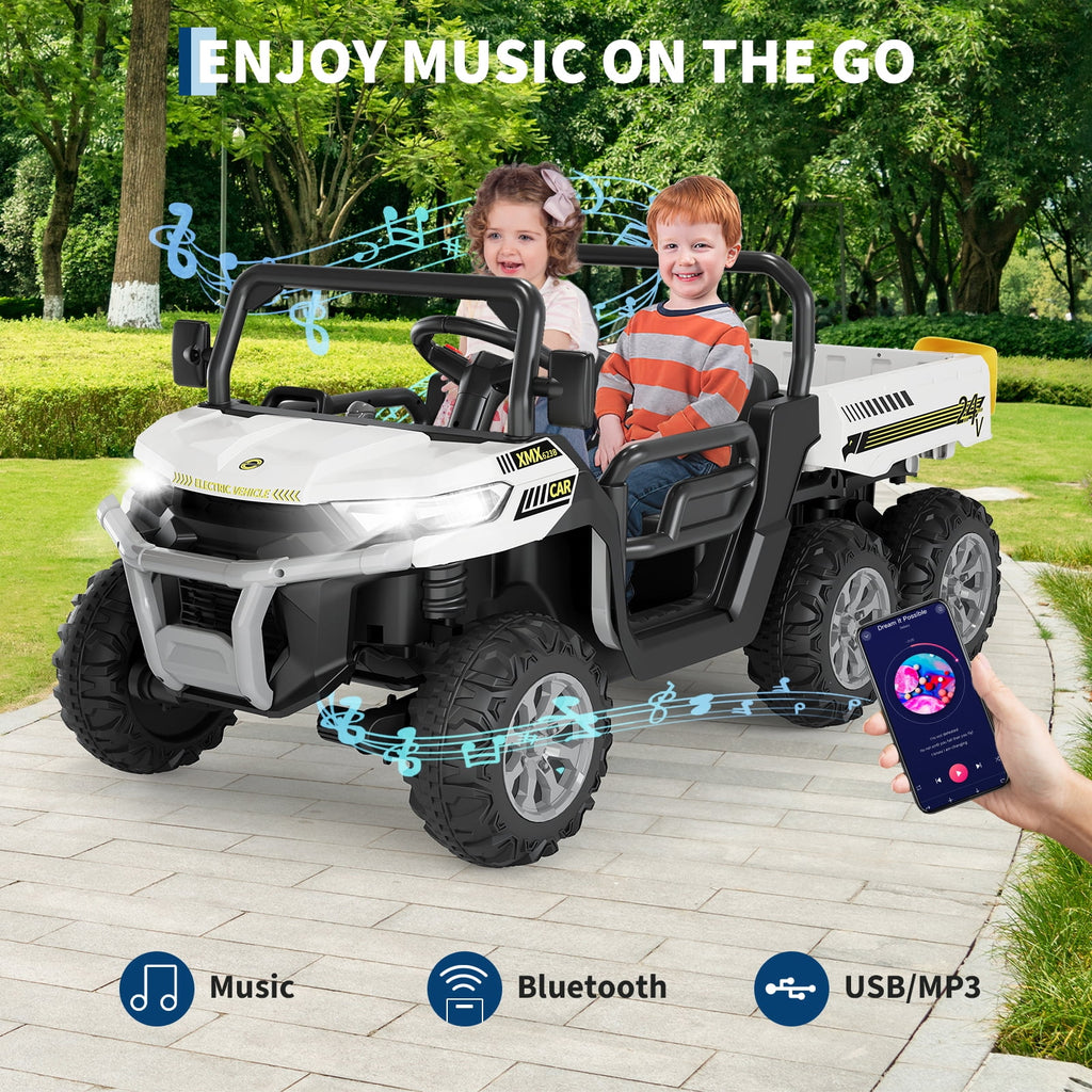 24V 2-Seater 6-Wheel Electric Dump Truck Ride-On for Kids – 4WD UTV Car, Remote Control, Electric Dump Bed, Music, Horn, Industry Standard/CPSIA Certified, Power Ride-On Toy for Boys & Girls