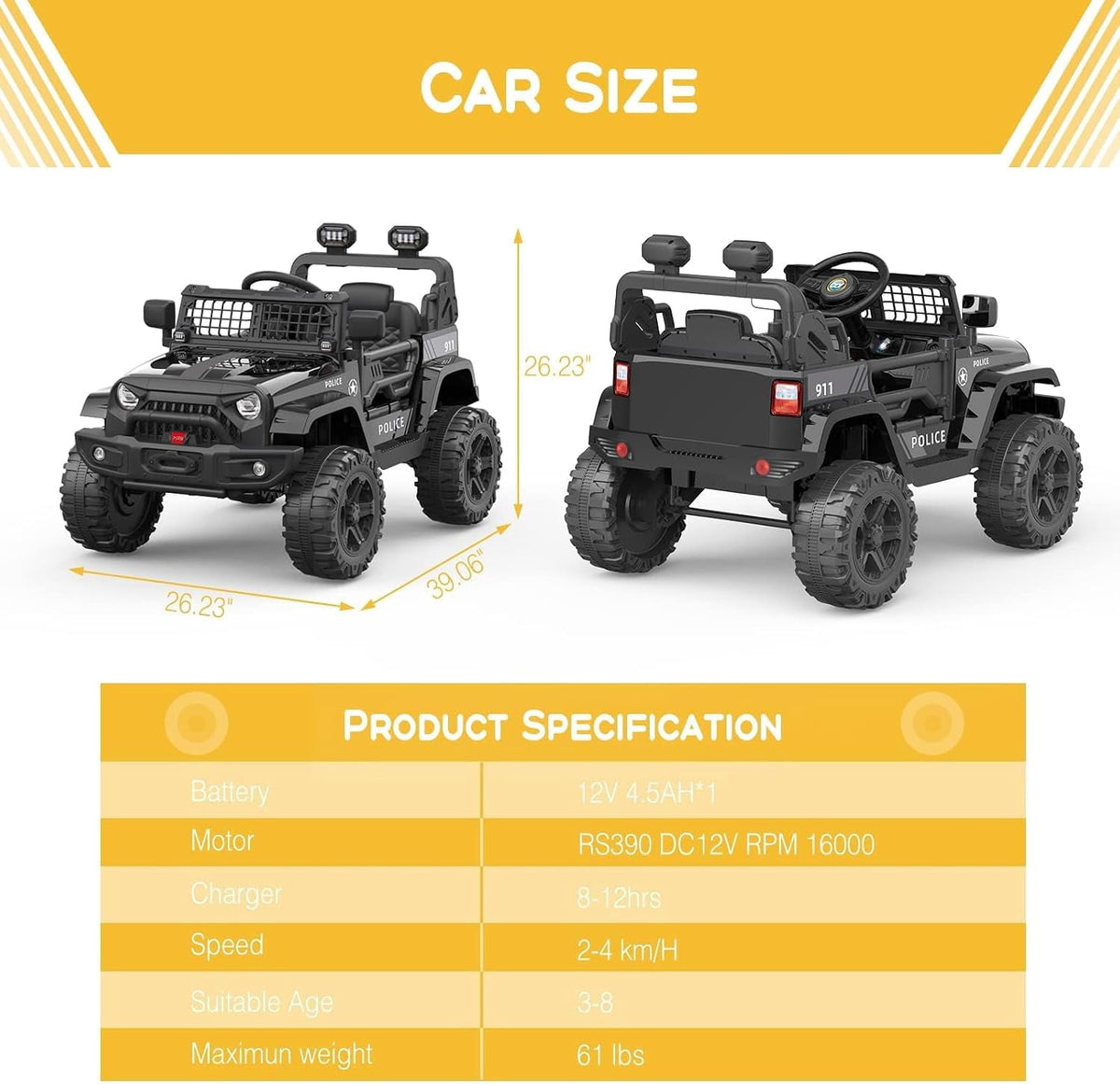 12V Electric Ride-On Car, Remote Control, 2 Speeds, Suspension, LED Lights, Music, Seatbelt, for Ages 3-8,Black