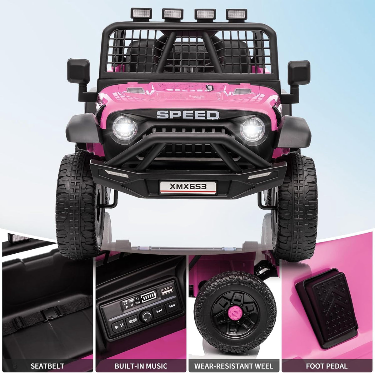 12V Ride-On Electric Car with Remote Control, Extra-Wide 13" Seat, 3 Speeds, 1.6-4.1 MPH, LED Lights, Music, USB, Safety Belt