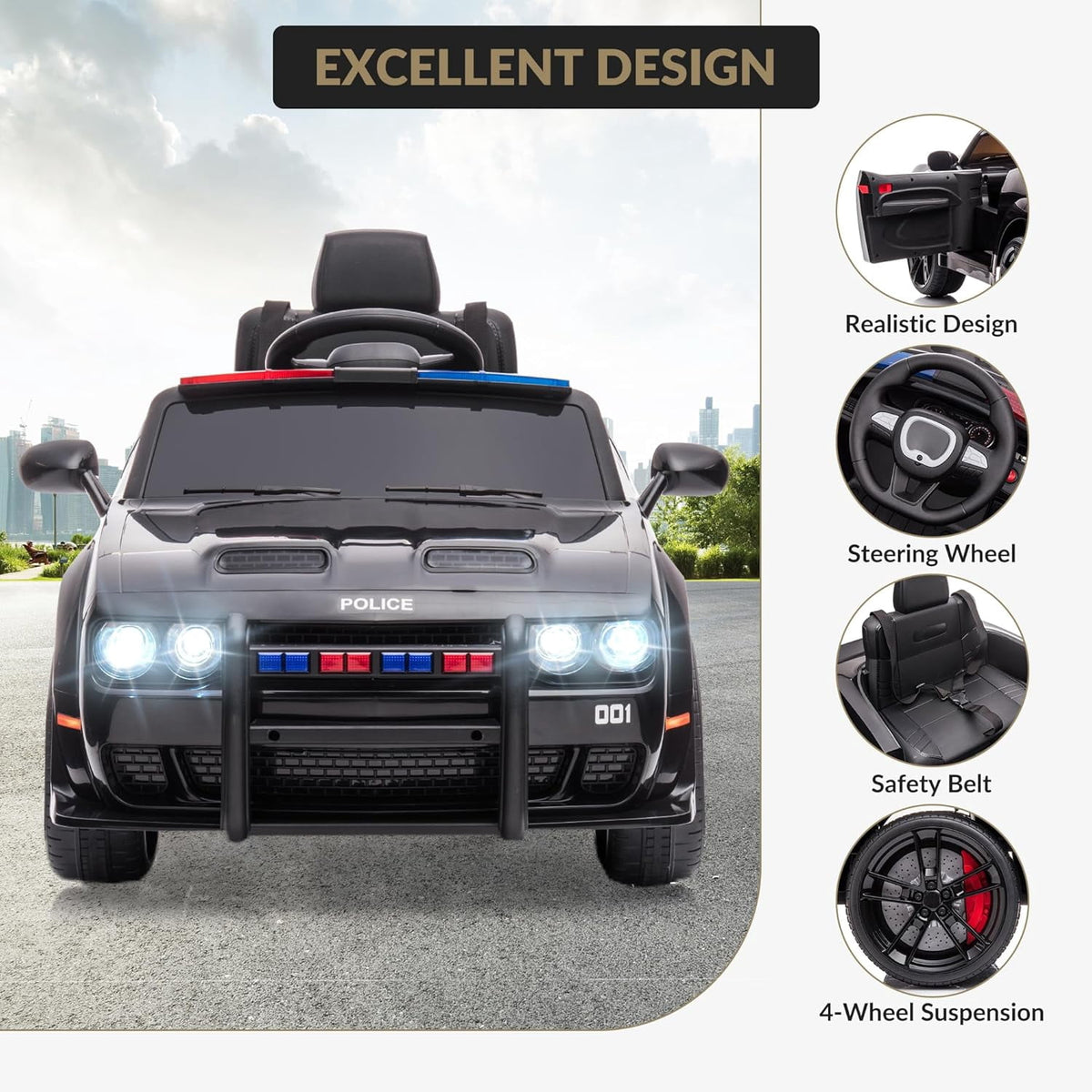 12V Licensed Dodge Challenger Electric Ride On Car, Battery Powered Vehicle with Remote Control, Dual Motors, Spring Suspension, LED Lights, Music, Ride On Toy for Outdoor Play,Police Car