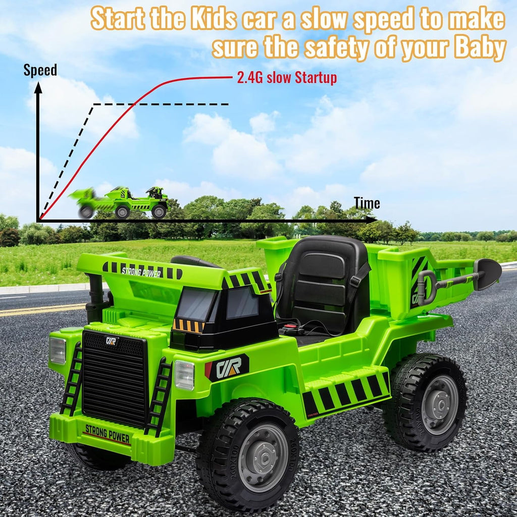 12V Electric Ride-On Dump Truck, Dual 35W Motors, 11 Inch Wear-Resistant Tires, Remote & Manual Dual Modes, Auto Lifting Dump Bed, Bluetooth Music & USB Port, 66 LBS Max Load,Green