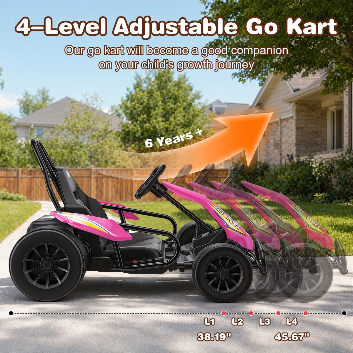 Funcid 24V 10Ah Big Battery Go Kart for Kids Age 6-12, Ride on Toys with 600W Motors, 7.5 MPH Electric Go Kart W/ EVA Wheels, 4-Level Adjustable Seat & 360° Drift Mode, LED Power Display, Red