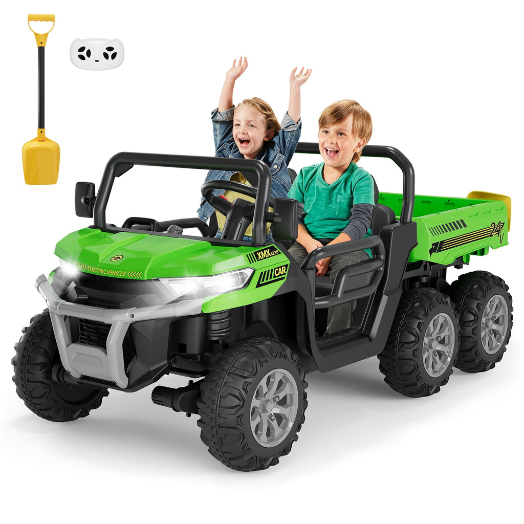24V 2-Seater 6-Wheel Electric Dump Truck Ride-On for Kids – 4WD UTV Car, Remote Control, Electric Dump Bed, Music, Horn, Industry Standard/CPSIA Certified, Power Ride-On Toy for Boys & Girls