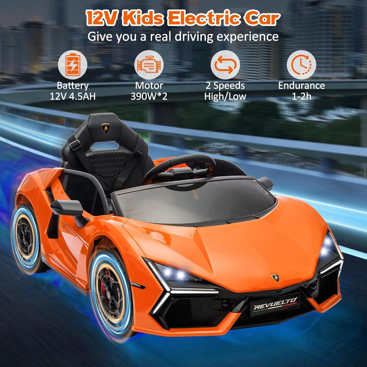 12V Licensed Lamborghini Revuelto Ride-On Electric Sports Car, Dual 25W Motors, Remote Control, Bluetooth, LED Headlights, Music, 1-2 MPH