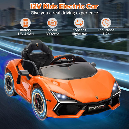 12V Licensed Lamborghini Revuelto Ride-On Electric Sports Car, Dual 25W Motors, Remote Control, Bluetooth, LED Headlights, Music, 1-2 MPH