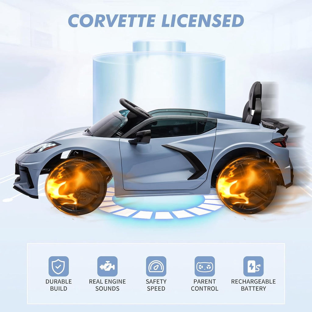 12V Licensed Corvette C8 Ride-On Electric Sports Car, Dual 30W Motors, Remote Control, LED Lights, Music, Openable Doors, 66 lbs