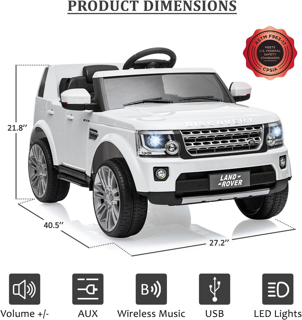 12V Licensed Land Rover Ride-On Car, 2x25W Motors, 4.5Ah Battery, 3 Speeds up to 4.5 MPH, Parent Remote, Spring Suspension, LED Lights