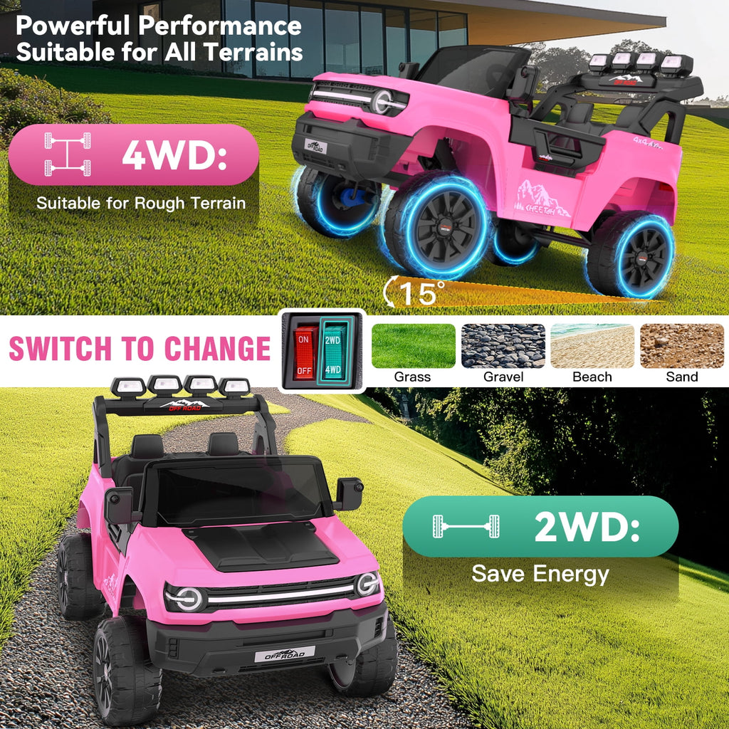Farmdex 24V Ride on Toys with Remote Control, 2 XL Seater Electric Truck Car for Kids w/ 22'' Large Seat, 4WD/2WD Switchable, Powered Ride on Cars w/ Bluetooth, LED Lights, 3 Speeds, 4 x 200W, Pink