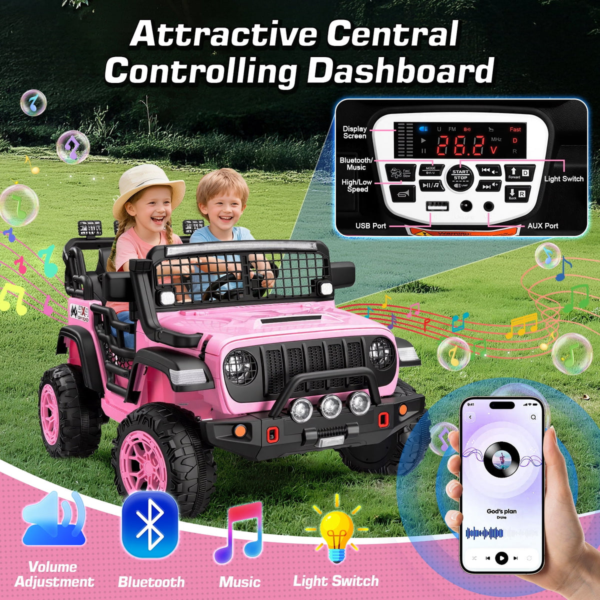 Funcid 24 Volt Ride on Toys, 2-Seater Electric Car, 400W Ride on Cars with Remote Control, Ride on Truck W/ Bluetooth, Music, Power Display, High/Low Speed, Light Control, Suspension, Pink