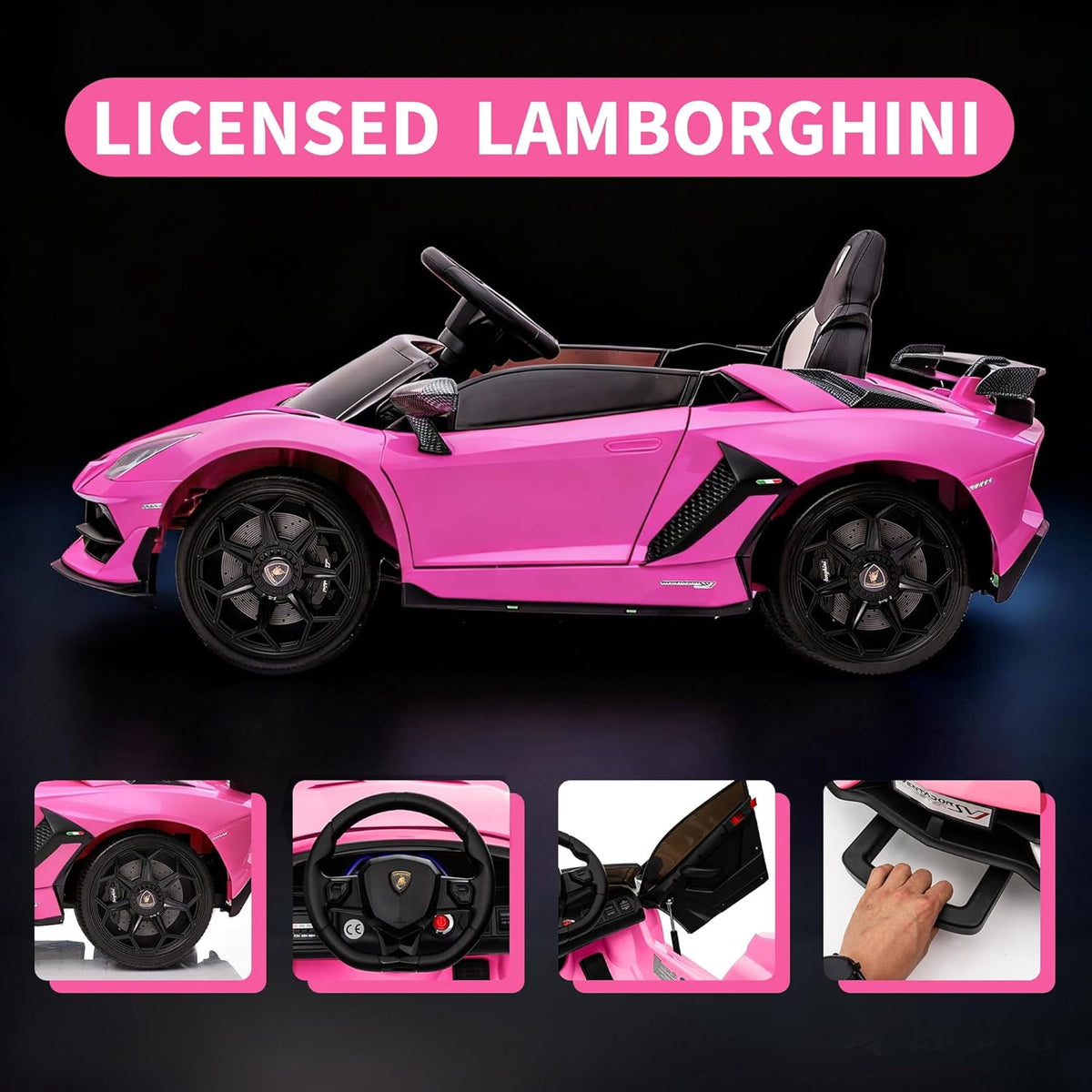 12V Licensed Sports Car Ride On Vehicle with Remote Control, Electric Ride On Car with Bluetooth, Hydraulic Swing Doors, LED Lights, Dual 25W Motors, USB/AUX/TF Audio