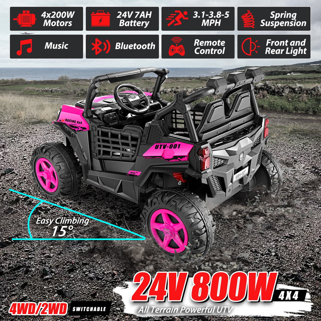 Funcid 24V Ride on Toys 4WD Ride on Cars with Remote Control, 2 XL Seater Electric Car for Kids, Power Car Wheels, UTV w/ 4*200W Motor, Bluetooth, Music, Lights, 3 Speeds, Black