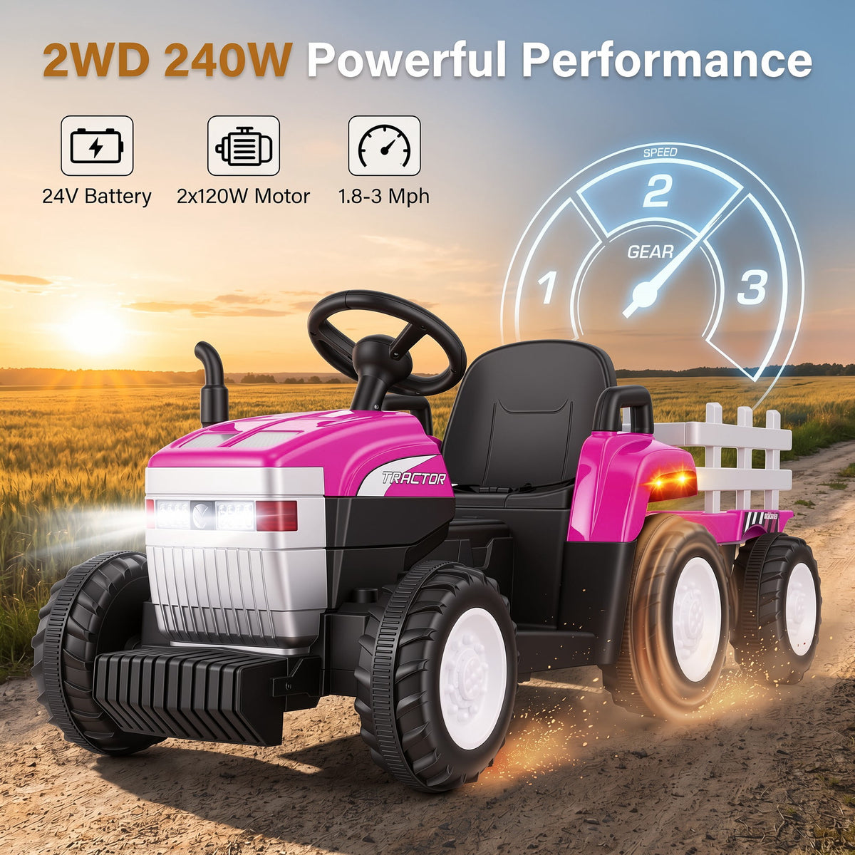 Farmdex 24V Ride on Tractor with Detachable Trailer, Ride on Toys for Kids w/ Remote Control, Electric Cars for Kids, LED Lights, Bluetooth, Music, MP3, Green