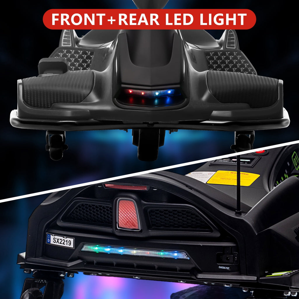 Ride On Drift Kart, Go Kart, Electric Go Kart 24V Drift Kart - 180W Brushless Motor, 7.5 mph Variable Speed, LED Light, Soft Start Battery Powered for Kids 8-12