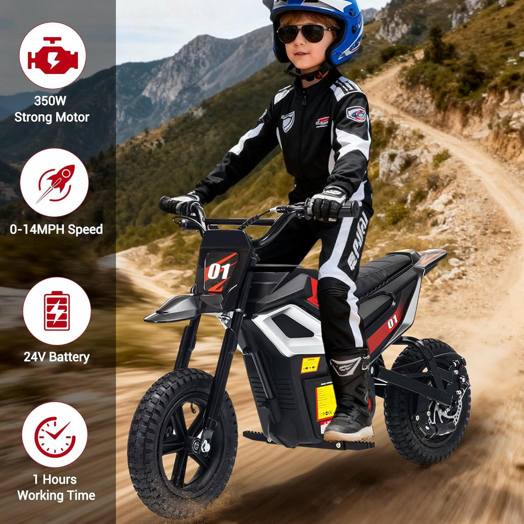 24V Electric Dirt Bike, 350W Ride-On Motorcycle with Rear Suspension, Twist-Grip Throttle, 12-Inch Rubber Tires, 13.67 MPH, 132 Lbs