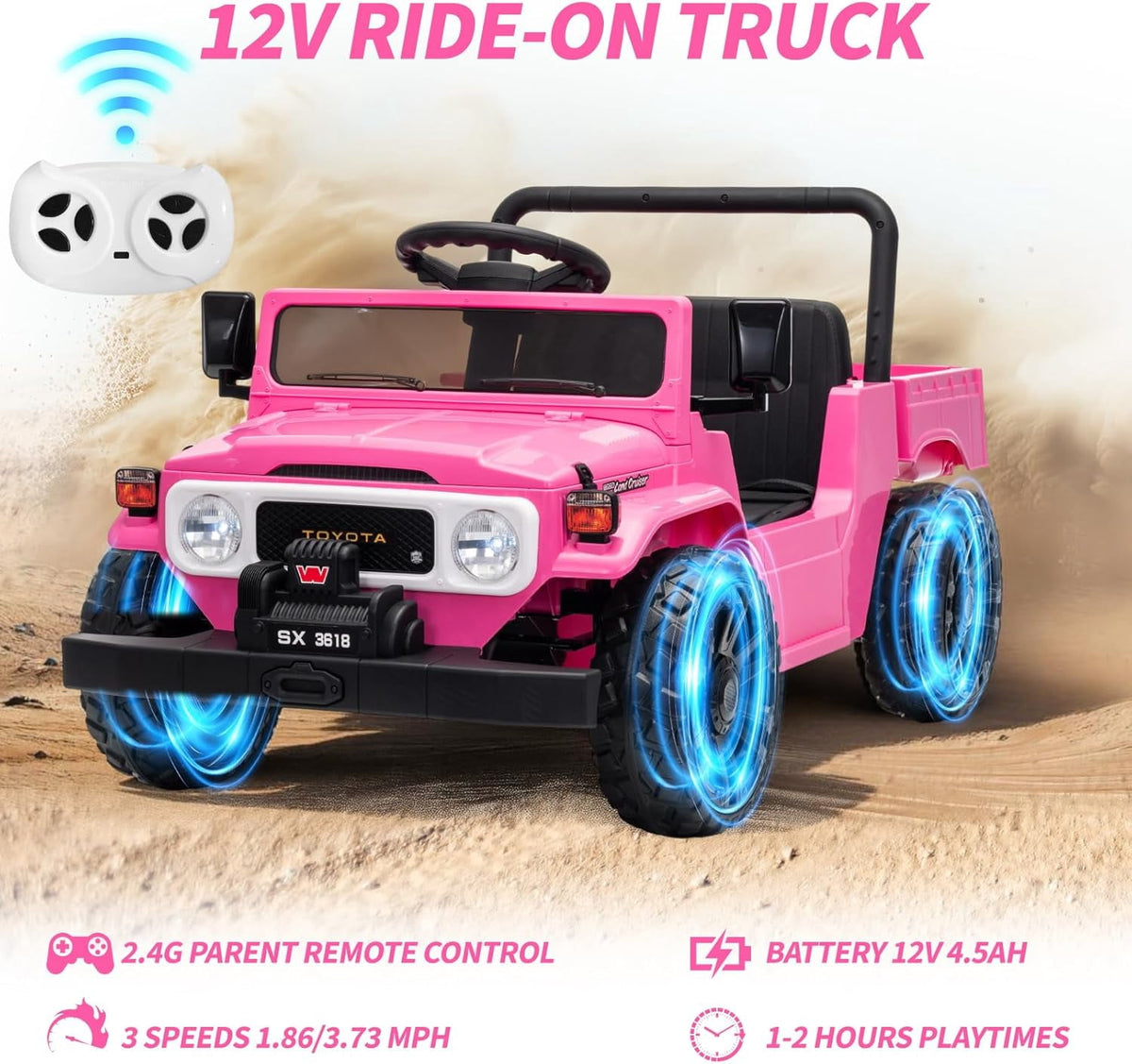 12V Licensed Toyota Ride-On Pickup Truck, Electric Ride-On Car with Remote Control, Lift-Up Dump Bed, Suspension, Bluetooth, Music, 3.73 MPH
