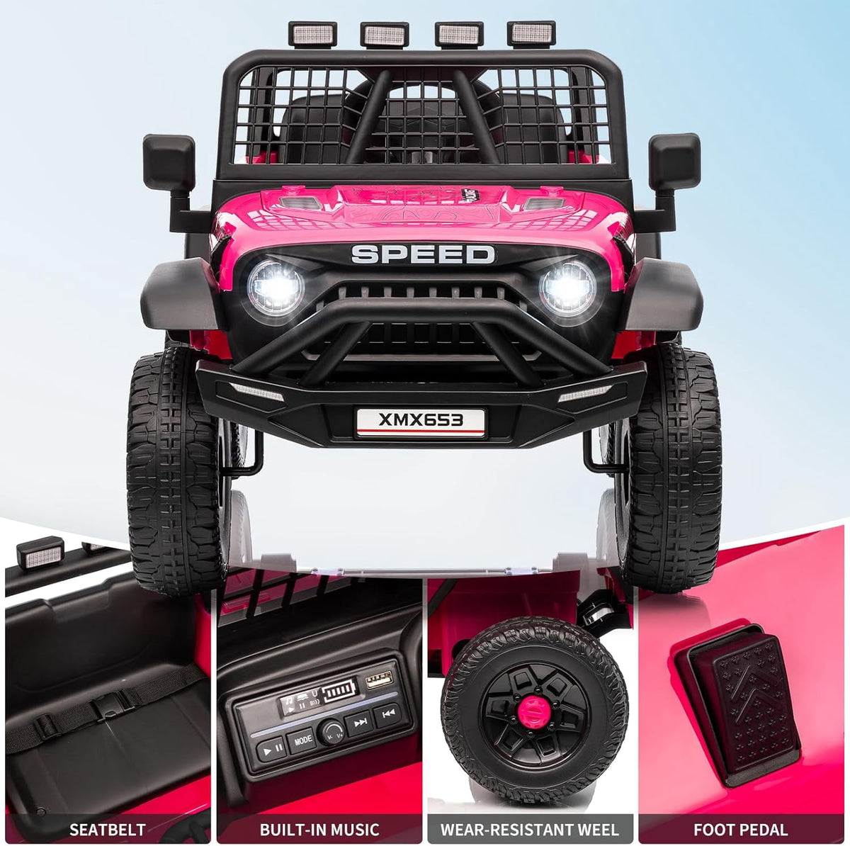 12V Ride-On Electric Car with Remote Control, Extra-Wide 13" Seat, 3 Speeds, 1.6-4.1 MPH, LED Lights, Music, USB, Safety Belt