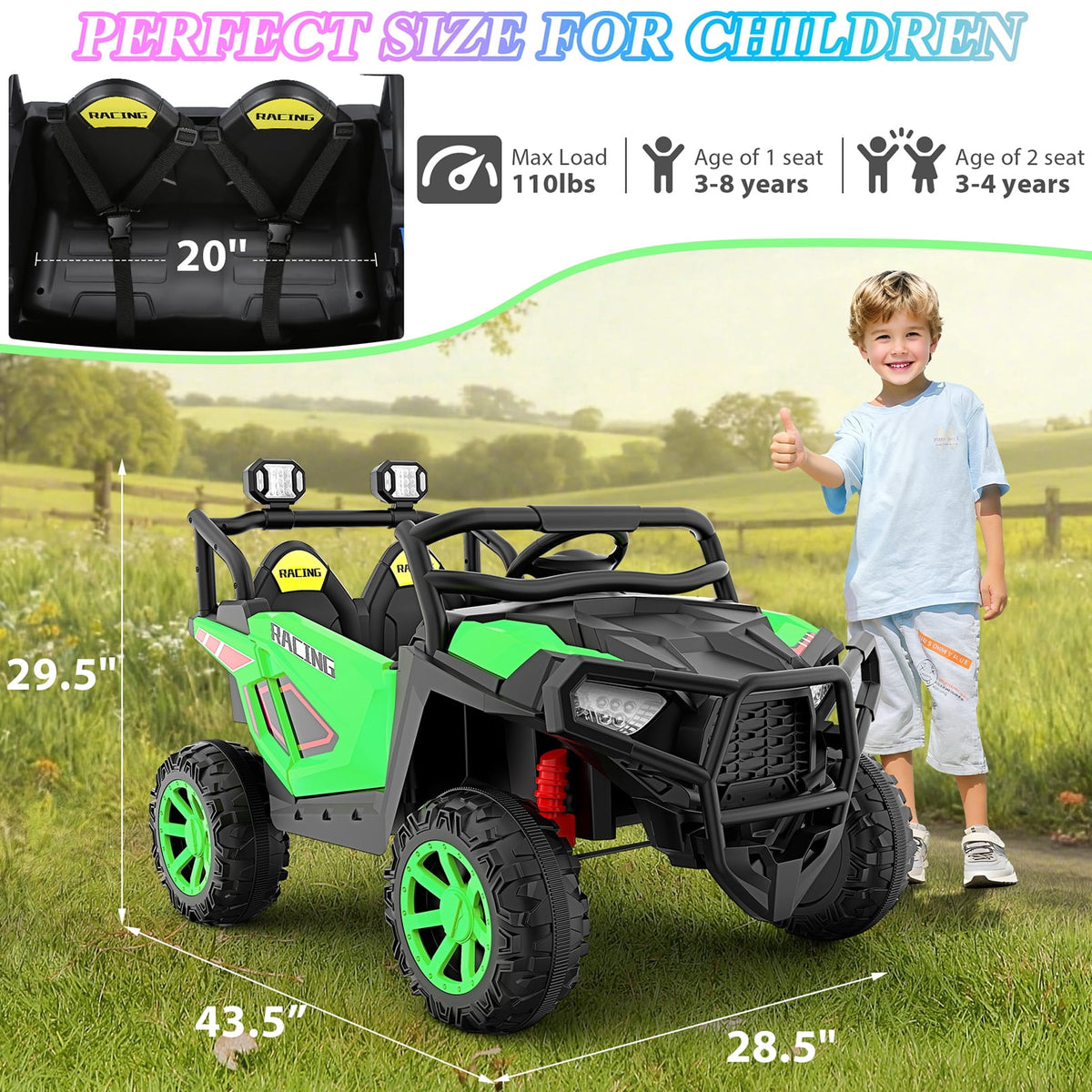 Funcid 24 Volt Ride on Toys, 2-Seater Ride on Cars with Remote Control, 400W Electric Car for Kids, Ride on UTV w/ Bluetooth, MP3, Seat Belts, Volume Adjustment, Suspension, Green