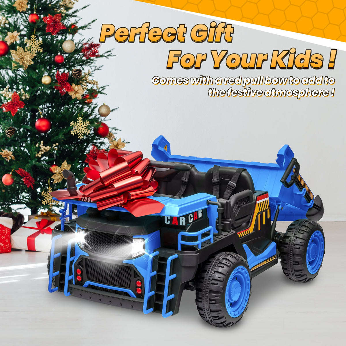 Funride 24V Ride on Toys 2 Seater Ride on Dump Truck w/ Remote Control w/ Dump Bed, 3 Speeds, Shovel, Bluetooth/Music, Big Kids, Yellow